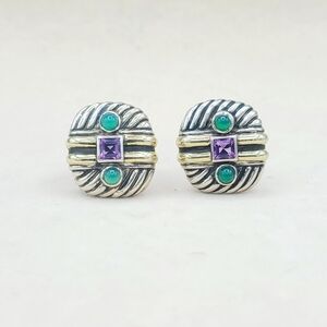 David Yurman Renaissance Earrings With Amethyst Green Onyx and Gold